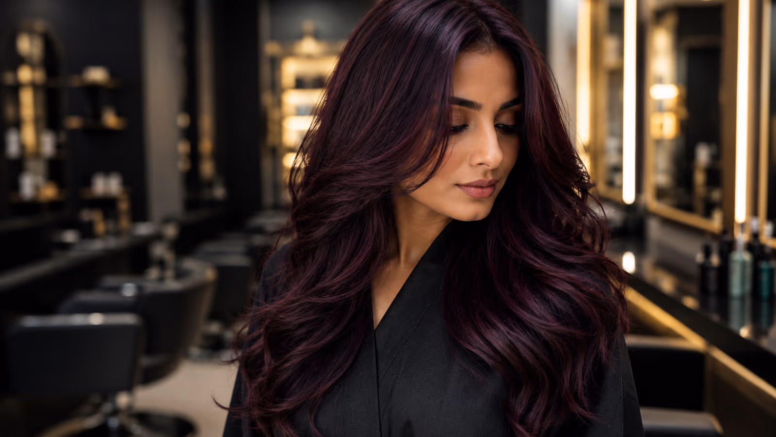 Woman with glossy deep plum-burgundy hair colour in a luxury ladies salon at Ela Beauty Lounge, Al Hail North, Seeb